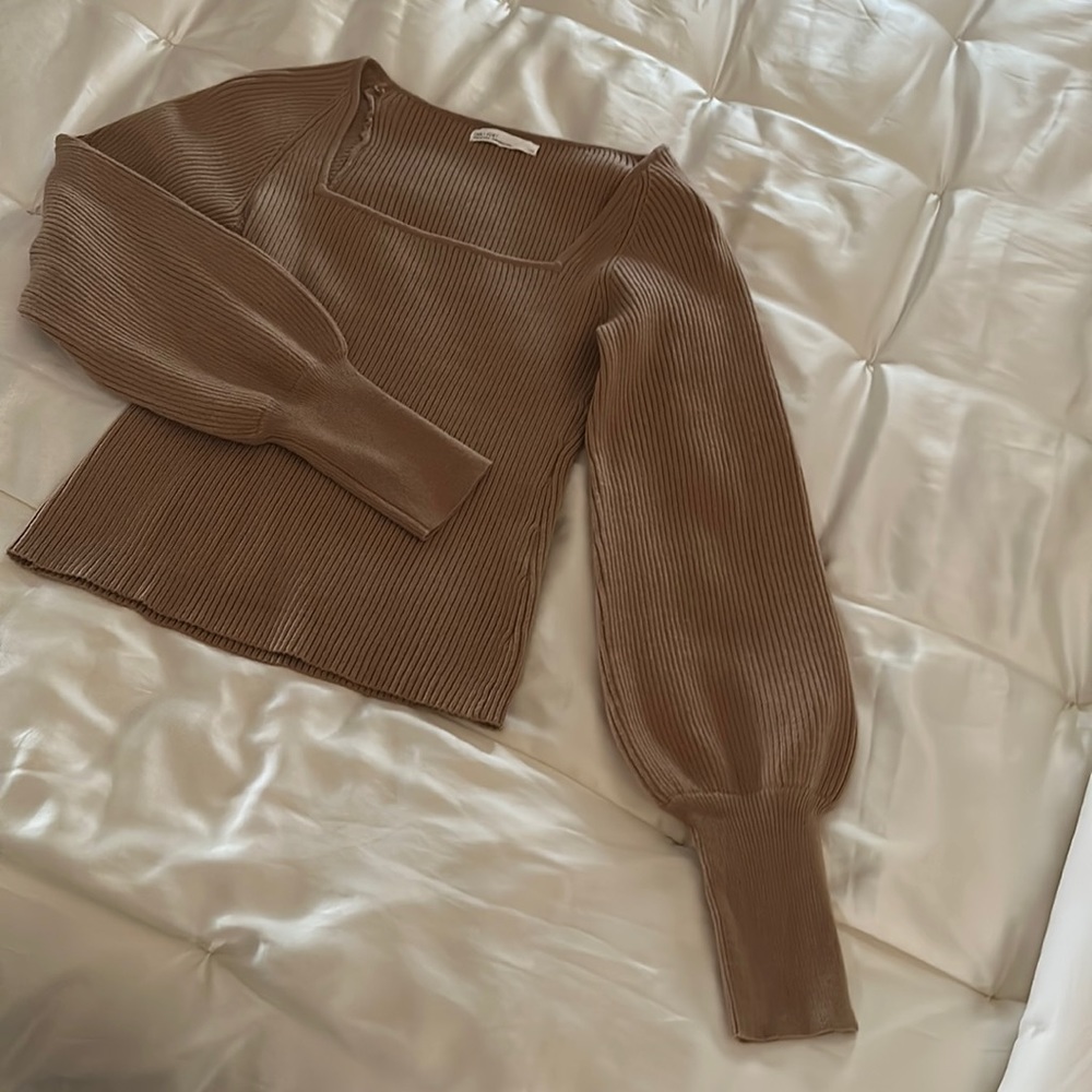 OAK + FORT Brown Ribbed Sweater | square neck | wool blend | acrylic | large